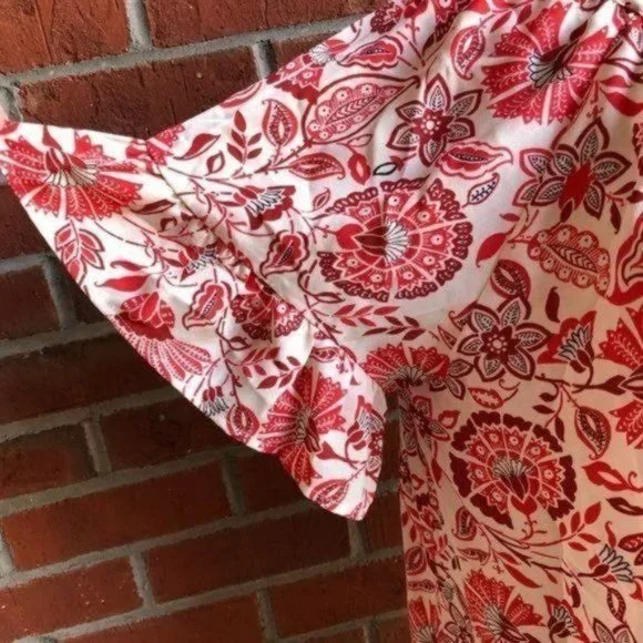 W5 Floral Flutter Sleeve Keyhole Tie Boho Top - Size L - Picture 6 of 8